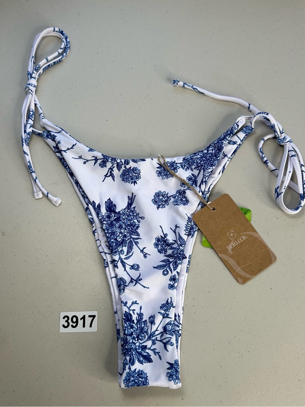 Berlook Blue Floral Tie High Cut Leg Bikini Bottom Small